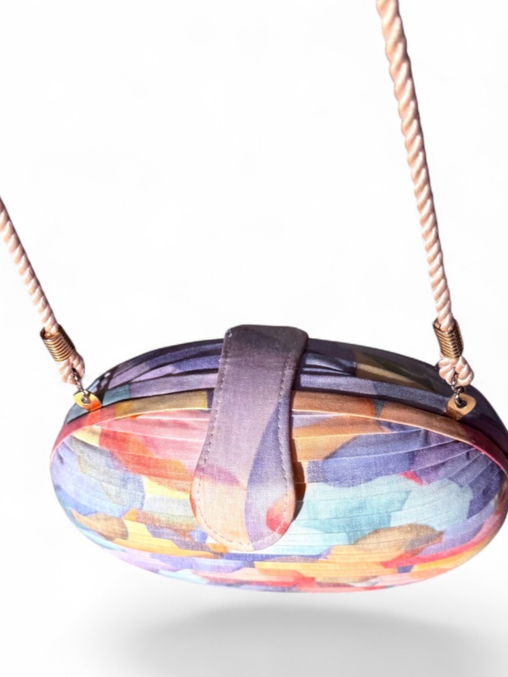 Vintage 1980s Whiting Davis Pleated Fabric Clamshell Clutch Pastel Evening Bag